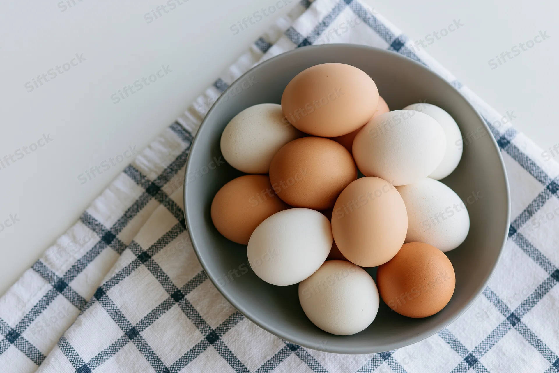 Brown and white chicken eggs piled in a matte grey bowl on a checkered tablecloth
