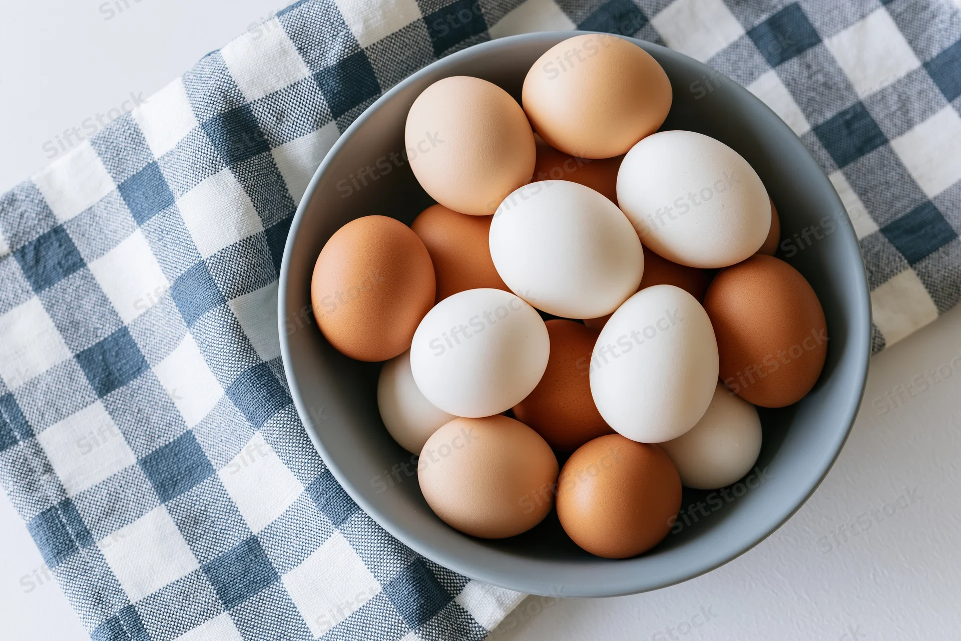 Brown and white chicken eggs piled in a matte grey bowl on a checkered cloth