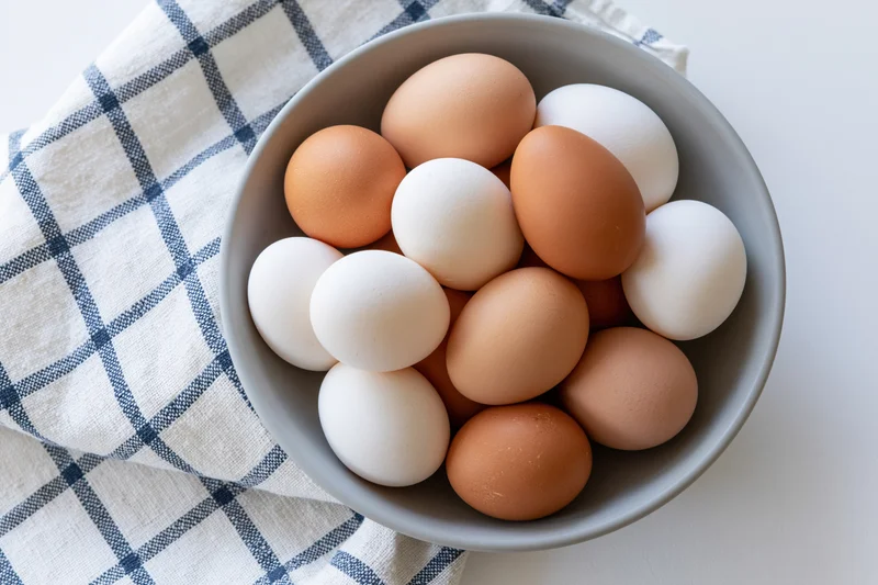 Brown and white chicken eggs piled in a matte grey bowl on a checkered cloth