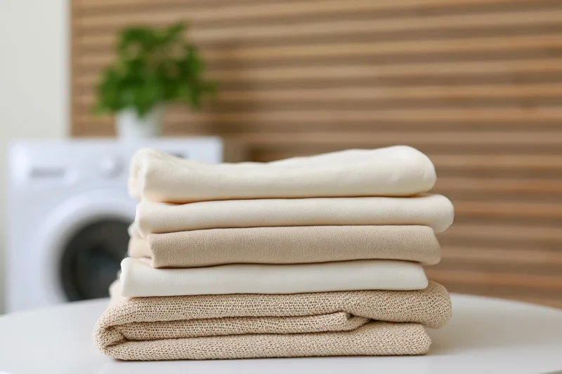 Stack of folded clean laundry in cream and beige tones on a table in a laundry room
