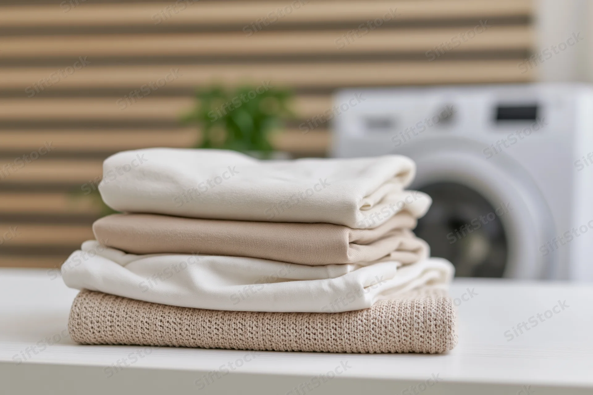 Neatly folded stack of clean laundry in cream and beige tones on white surface near washing machine