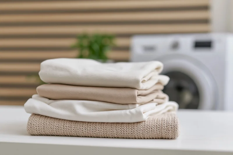 Neatly folded stack of clean laundry in cream and beige tones on white surface near washing machine