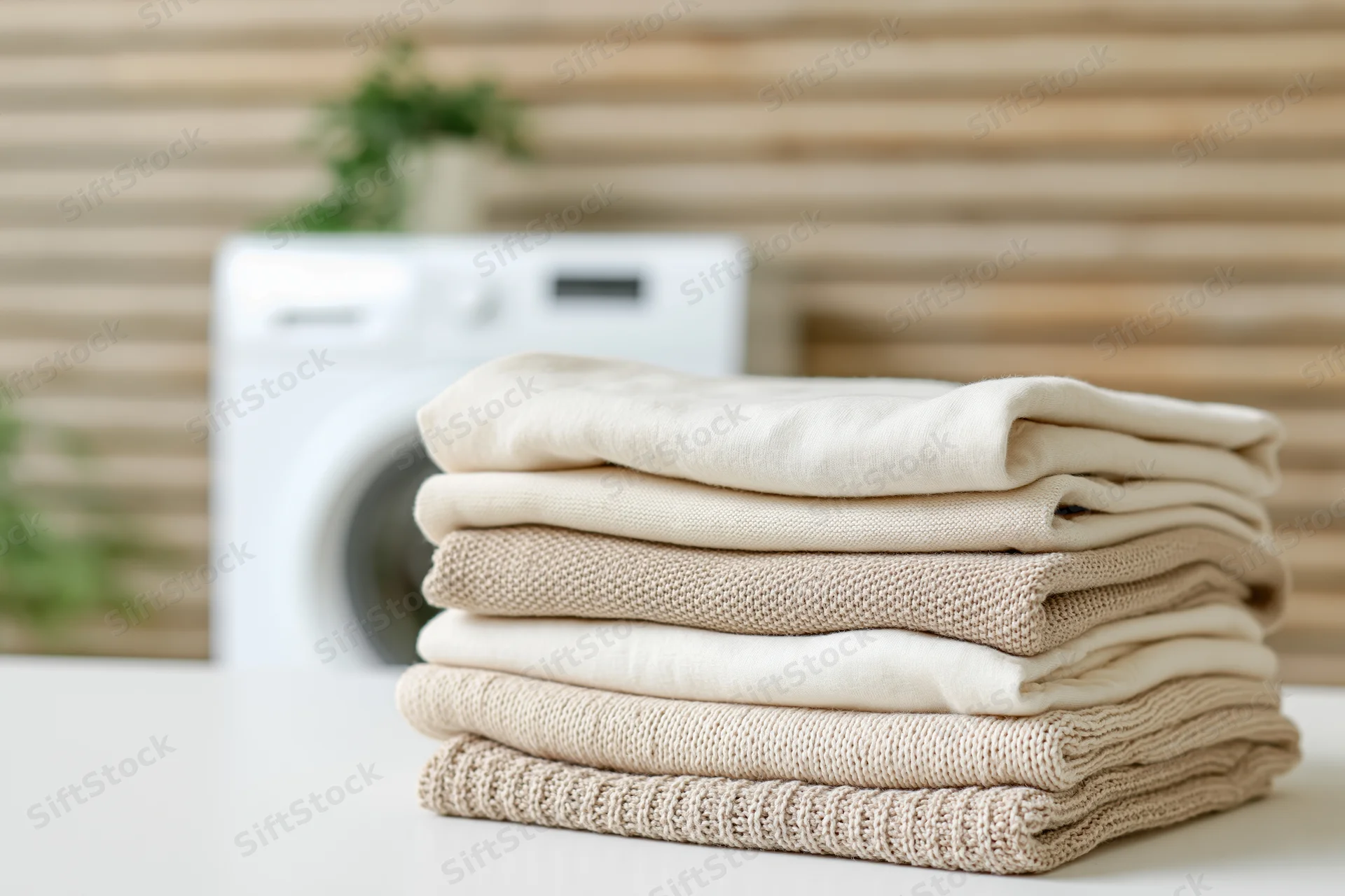 Stack of folded clean laundry in cream and beige tones on countertop near washing machine