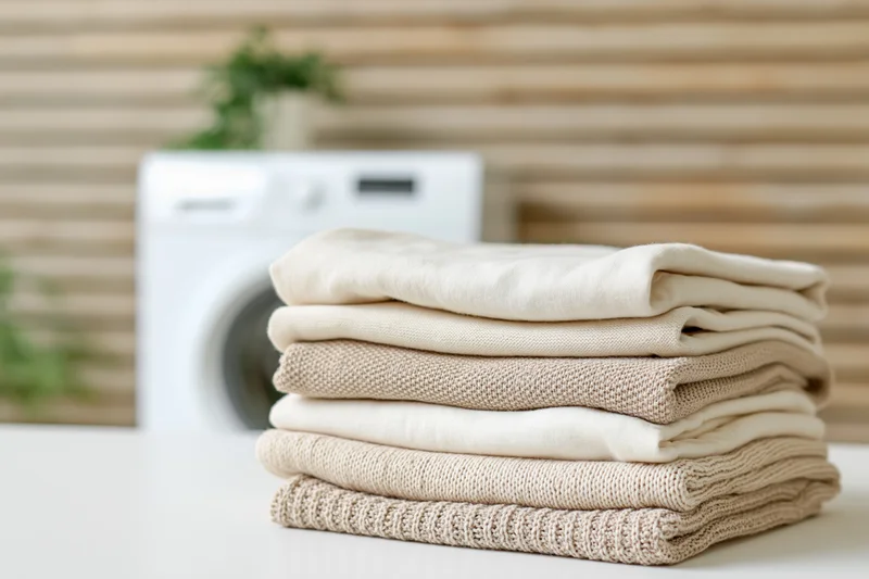 Stack of folded clean laundry in cream and beige tones on countertop near washing machine