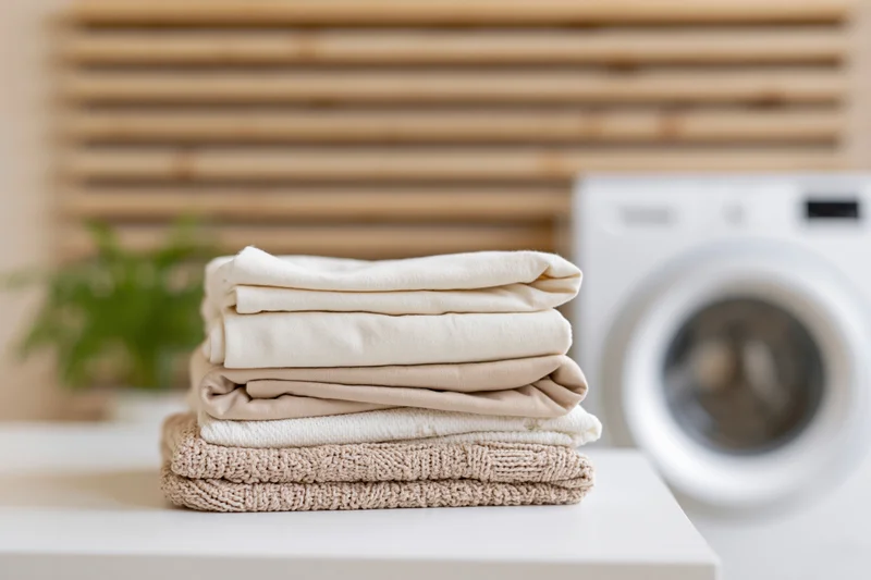 Stack of folded clean laundry in cream and beige tones on countertop near washing machine