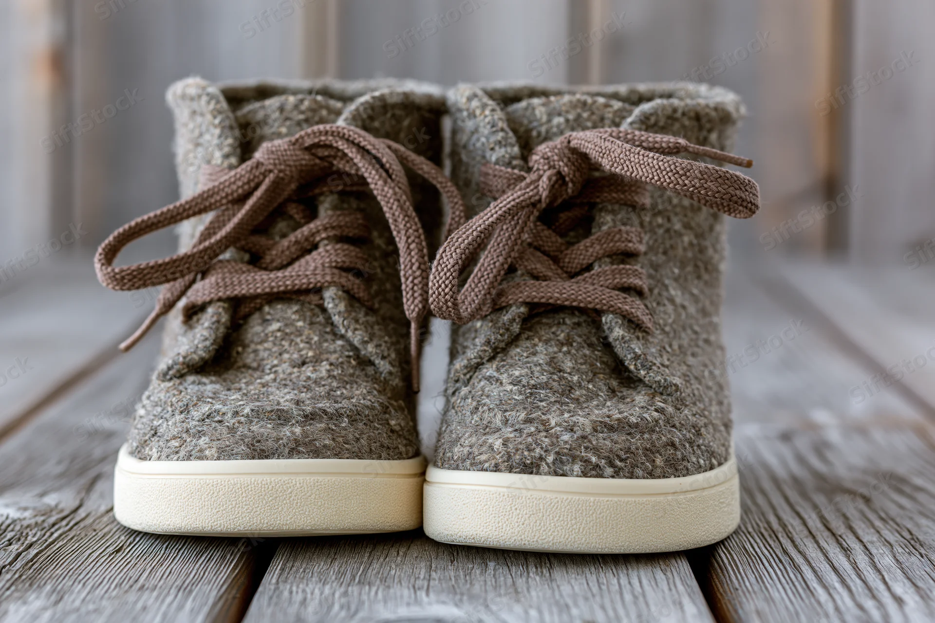 Pair of rustic lace-up ankle boots made from textured wool fabric on wooden surface