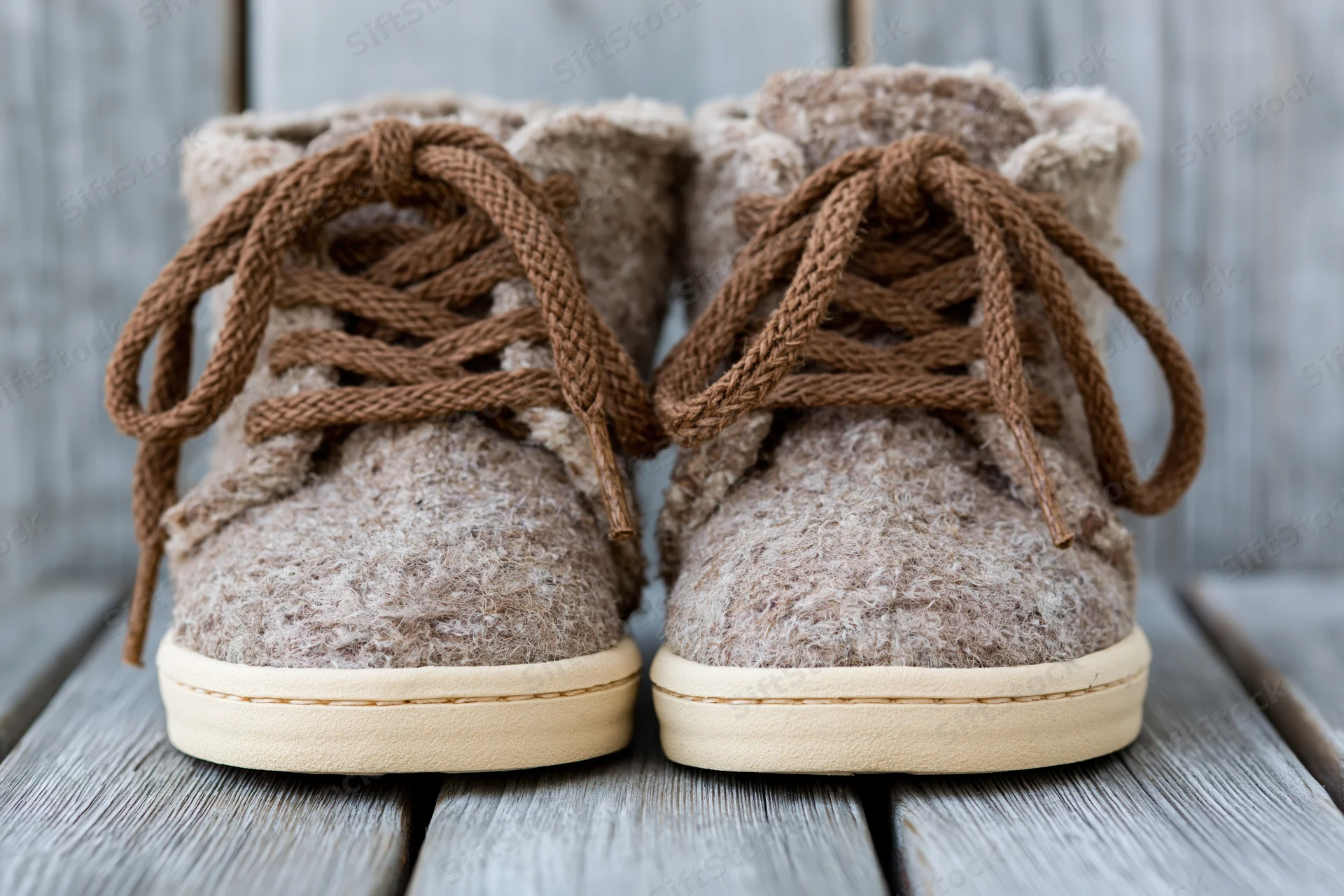 Pair of rustic lace-up ankle boots made from textured wool felt with brown cord laces on a wooden deck