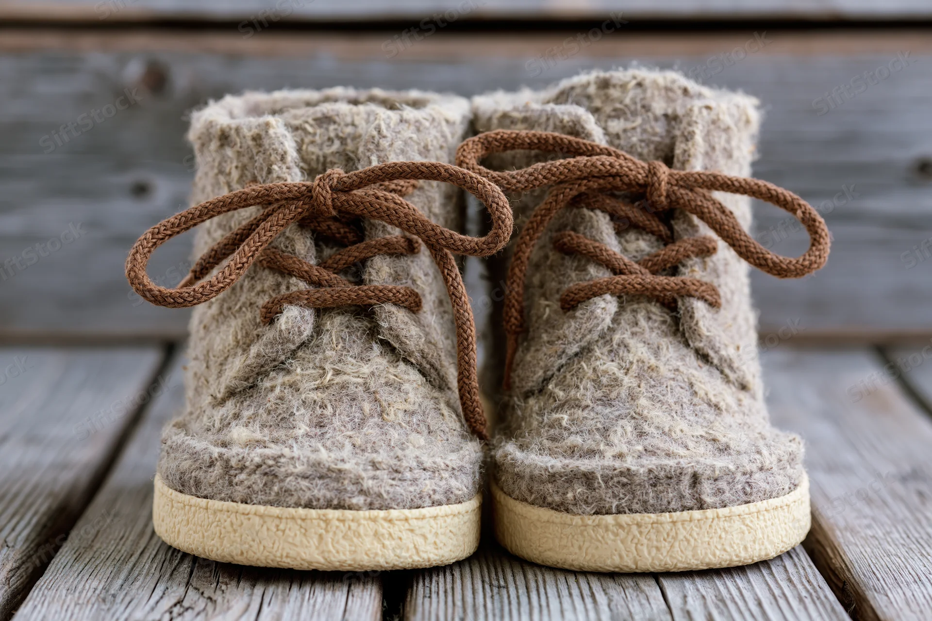 Pair of rustic lace-up ankle boots made from textured wool felt on wooden deck