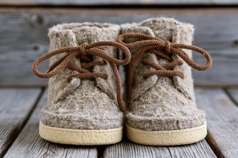 Pair of rustic lace-up ankle boots made from textured wool felt on wooden deck