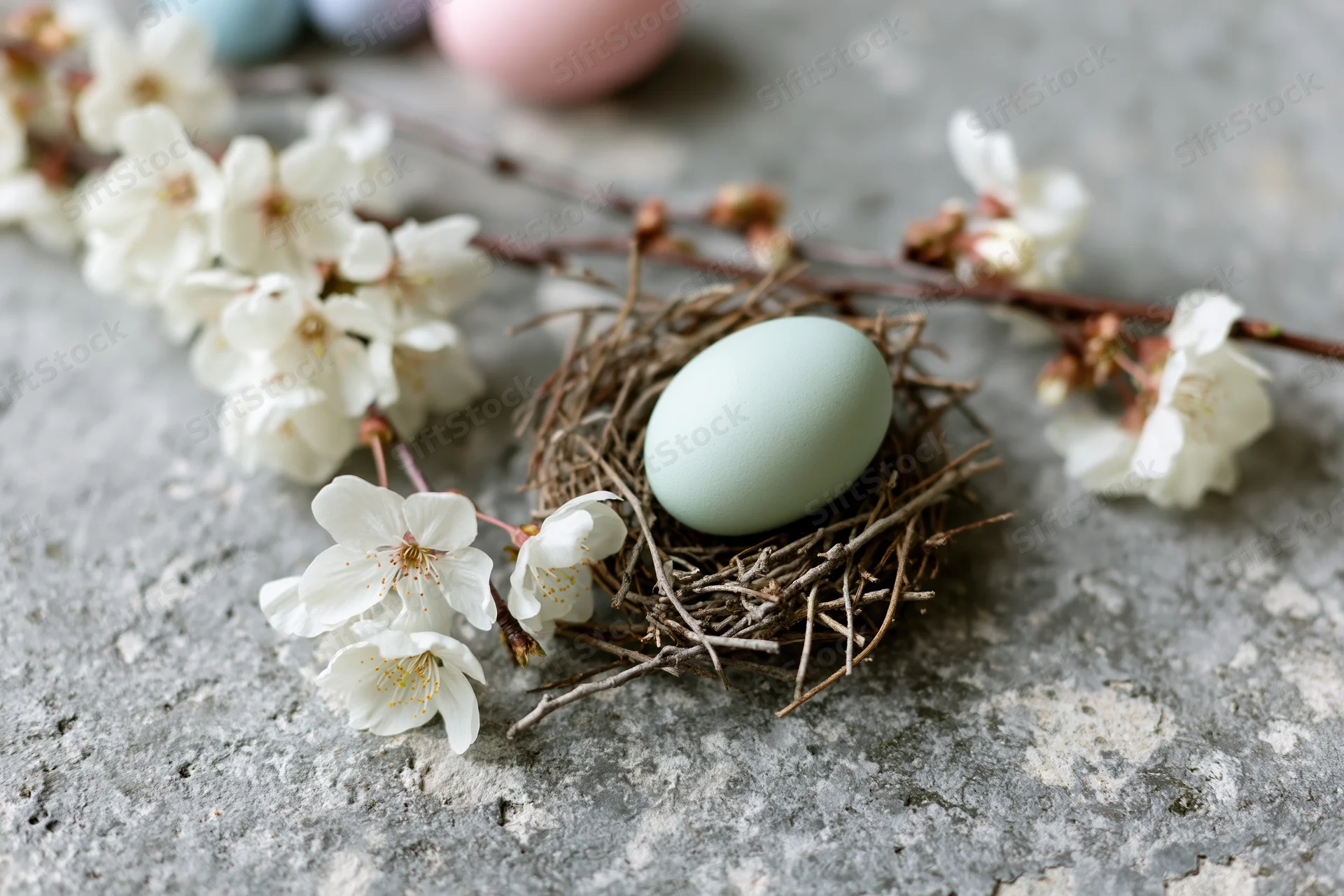 Pale mint easter egg in a twig nest surrounded by white cherry blossoms on a gray stone surface