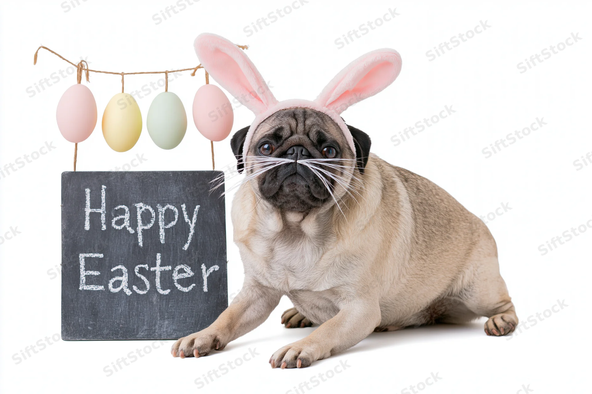 Pug dog wearing pink bunny ears and white whiskers beside a chalkboard sign reading happy easter with hanging pastel eggs on white background