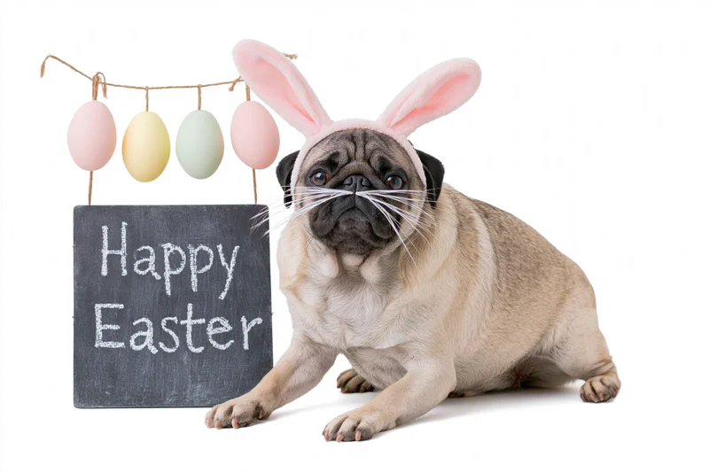 Pug dog wearing pink bunny ears and white whiskers beside a chalkboard sign reading happy easter with hanging pastel eggs on white background