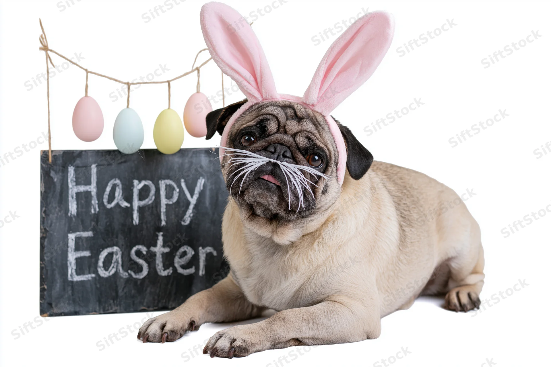 Pug wearing pink bunny ears and white whiskers lying beside a chalkboard sign reading happy easter with hanging pastel eggs