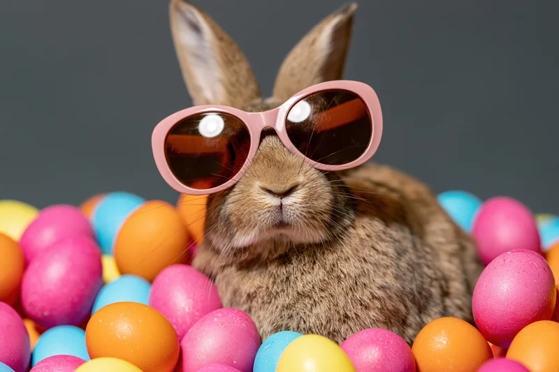 Brown rabbit wearing pink sunglasses sitting among colorful easter eggs