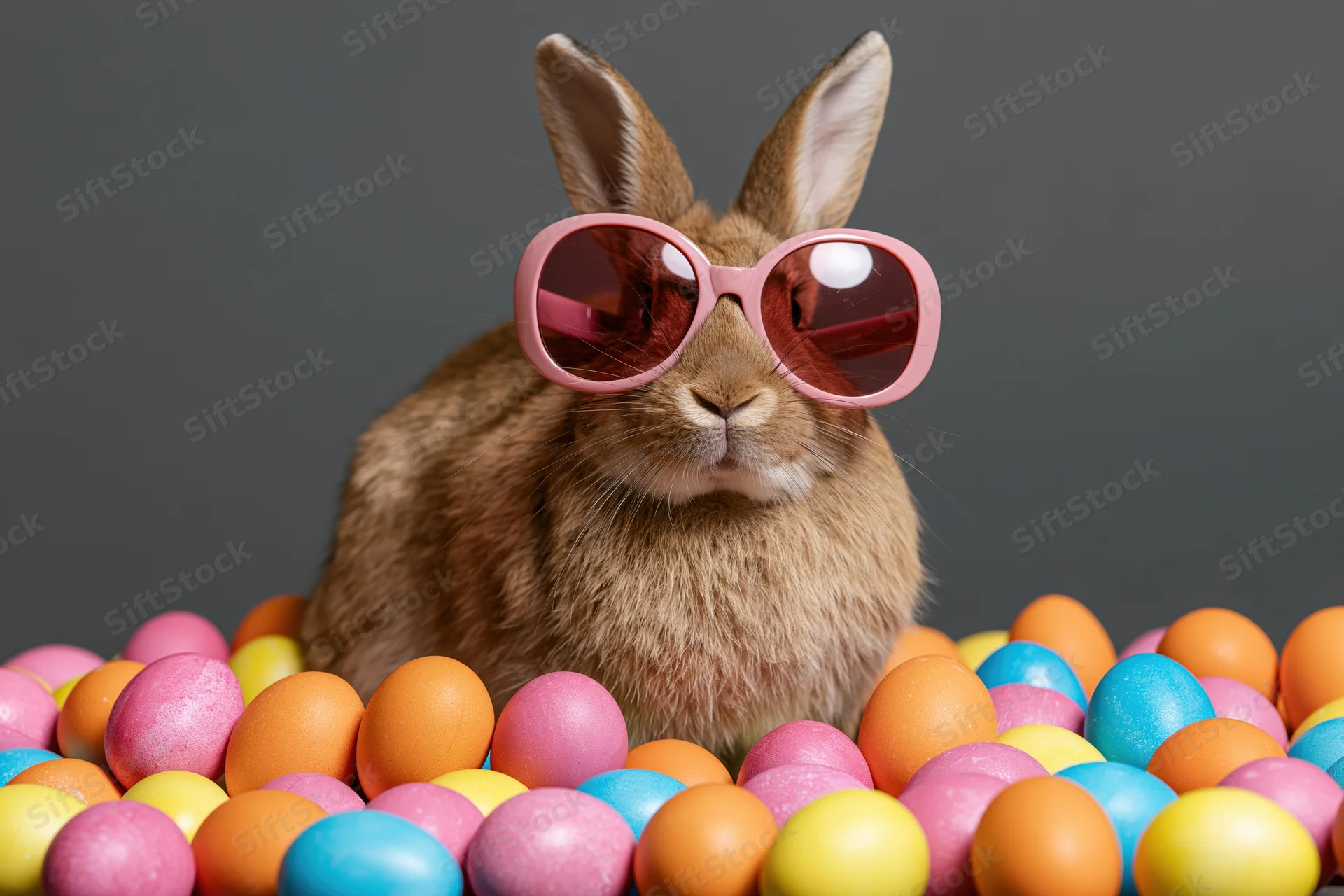 Brown rabbit wearing pink sunglasses surrounded by colorful easter eggs on gray background