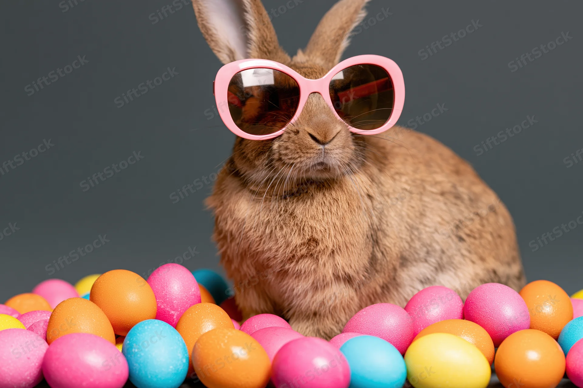 Brown rabbit wearing pink sunglasses surrounded by colorful plastic easter eggs in studio setting