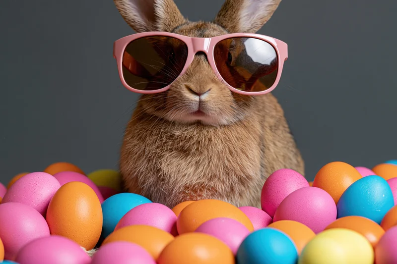 Brown rabbit wearing oversized pink sunglasses surrounded by colorful easter eggs