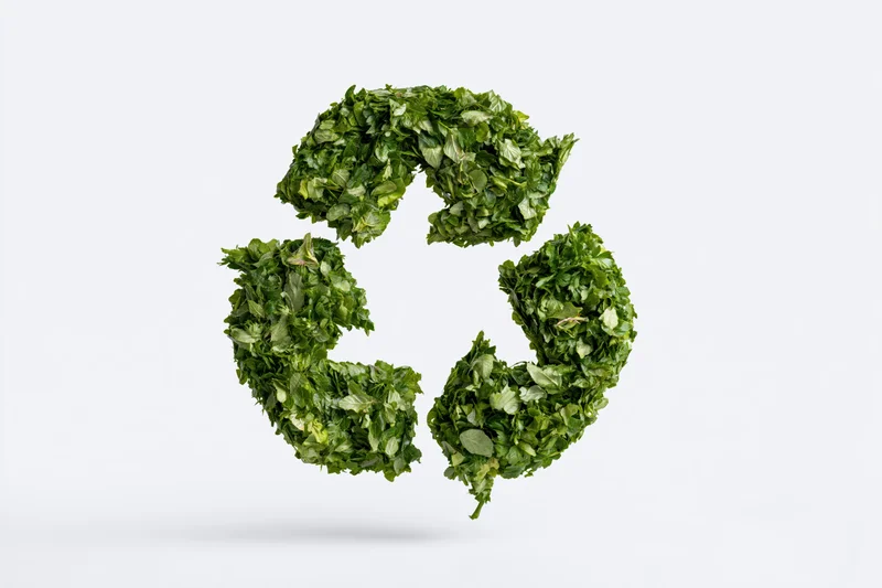 Recycling symbol formed from dense green leaves floating against white background