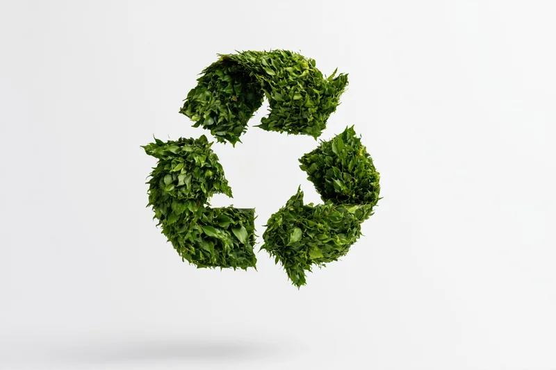 Recycling symbol formed from dense green leaves floating against a white background