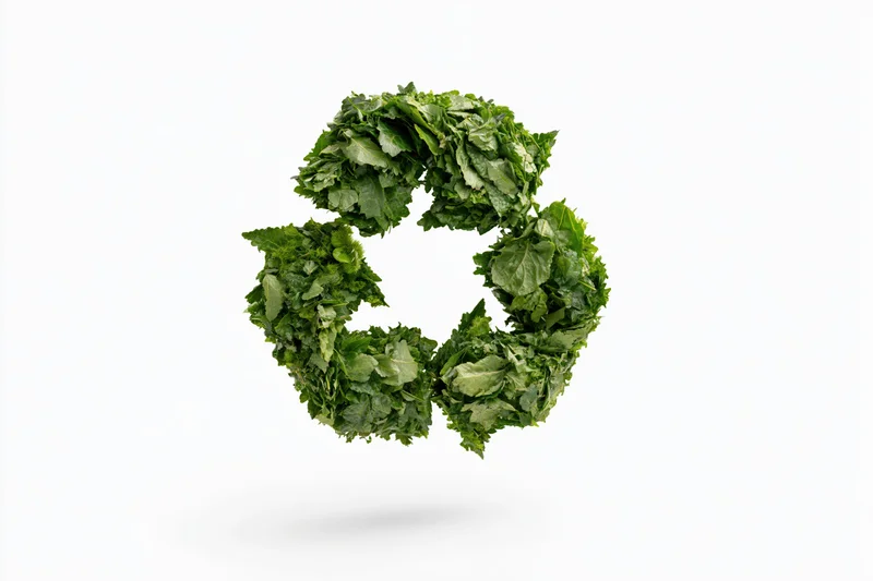 Recycling symbol formed from dense green leaves floating against white background