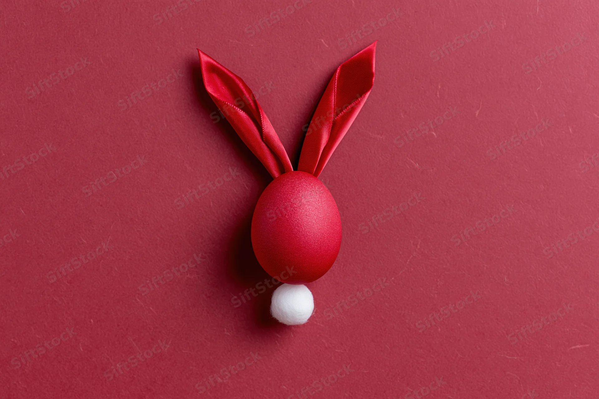 Red-dyed easter egg styled as bunny face with ribbon ears and white pompon on red surface