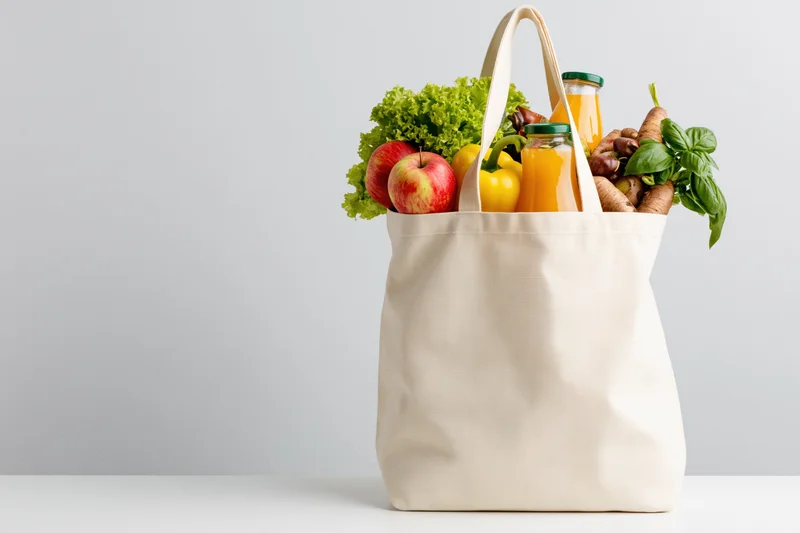 Cream canvas tote bag filled with fresh groceries on white surface