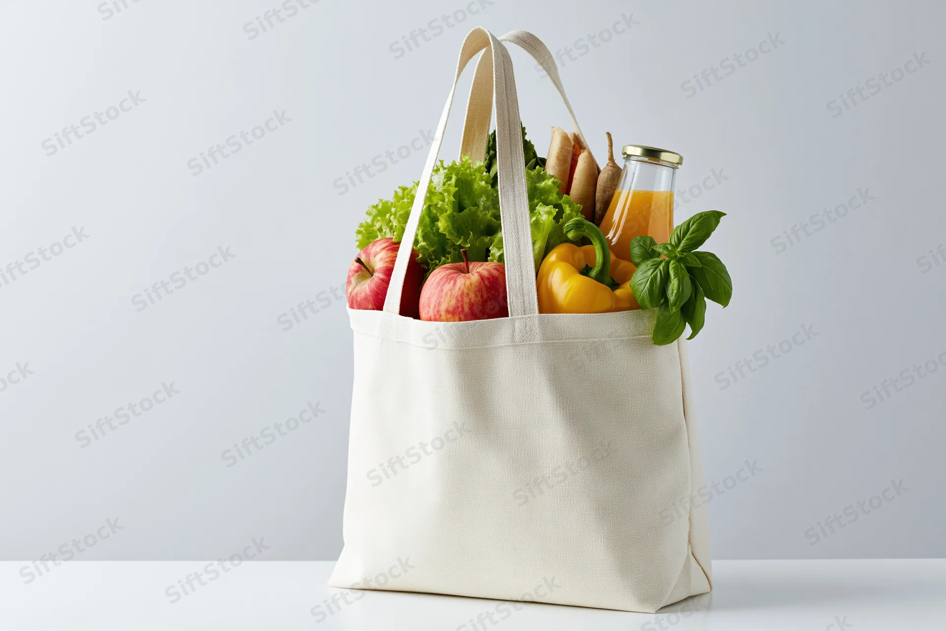 Cream canvas tote bag filled with fresh produce and groceries on white surface