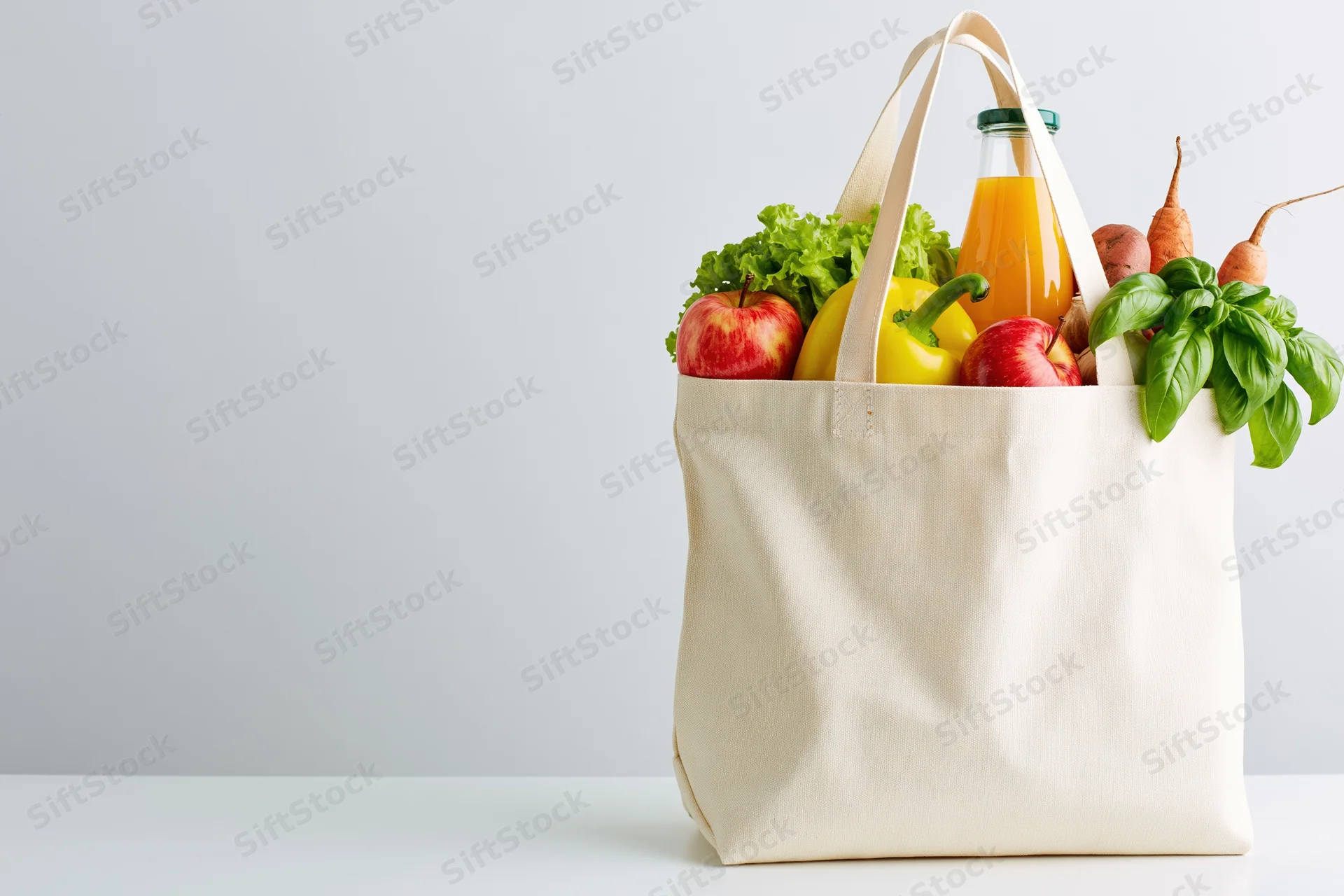 Cream canvas tote bag filled with fresh groceries on white surface