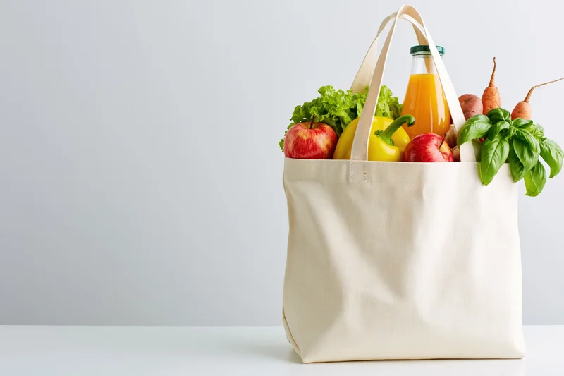 Cream canvas tote bag filled with fresh groceries on white surface