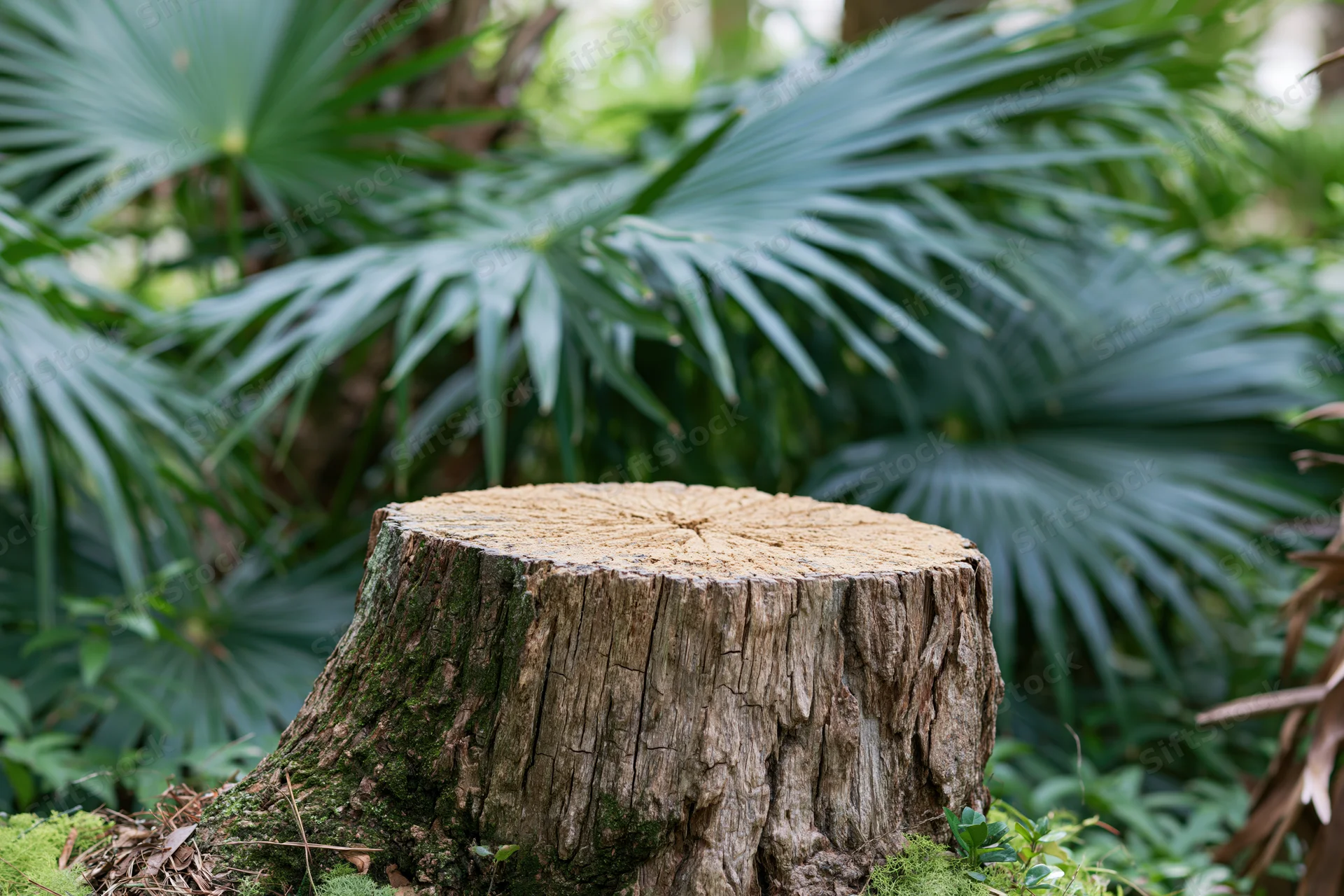 Rough-cut tree stump with flat weathered top surrounded by green palm fronds in a forest setting
