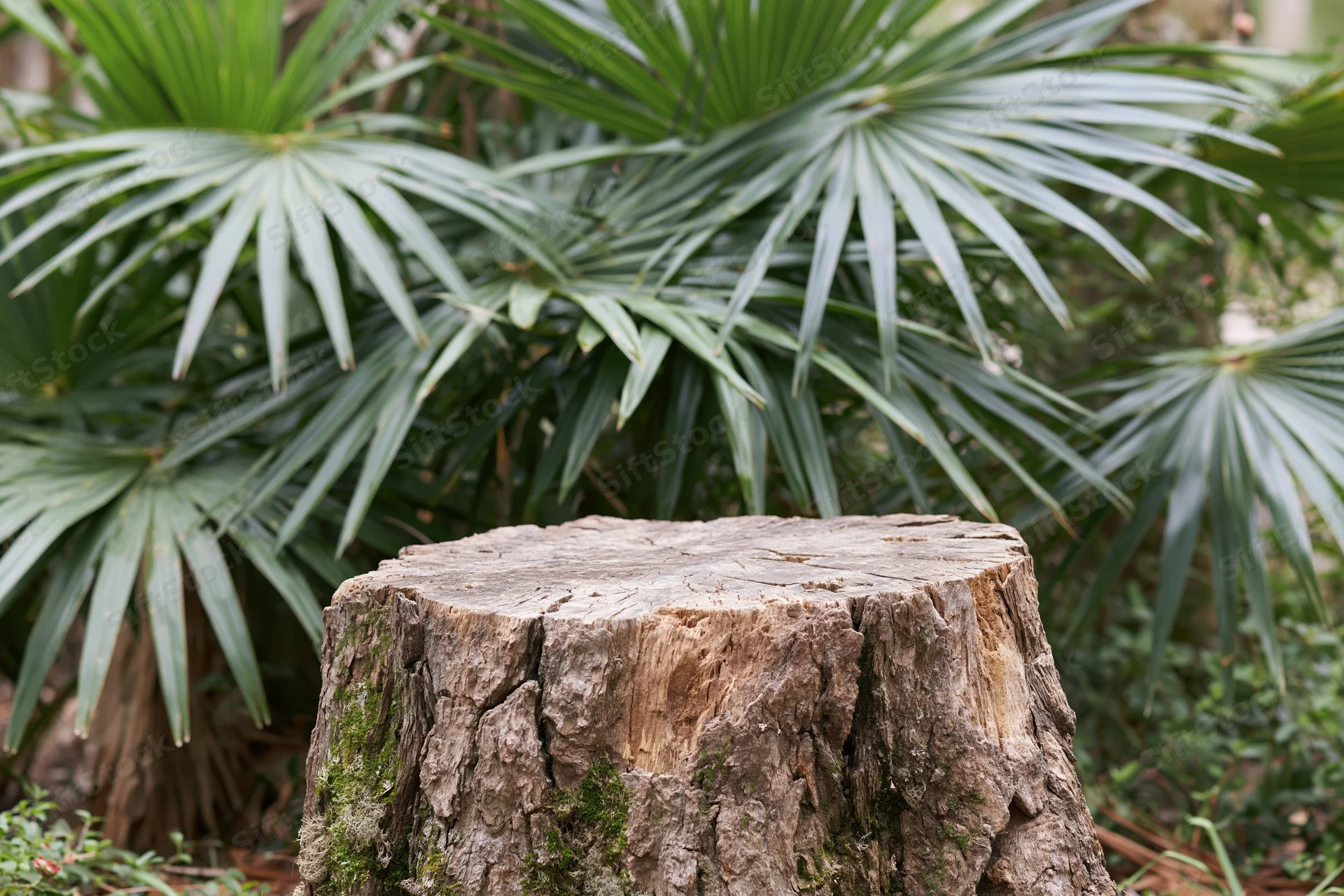 Rough-cut tree stump with flat weathered top surface in a garden surrounded by palm fronds