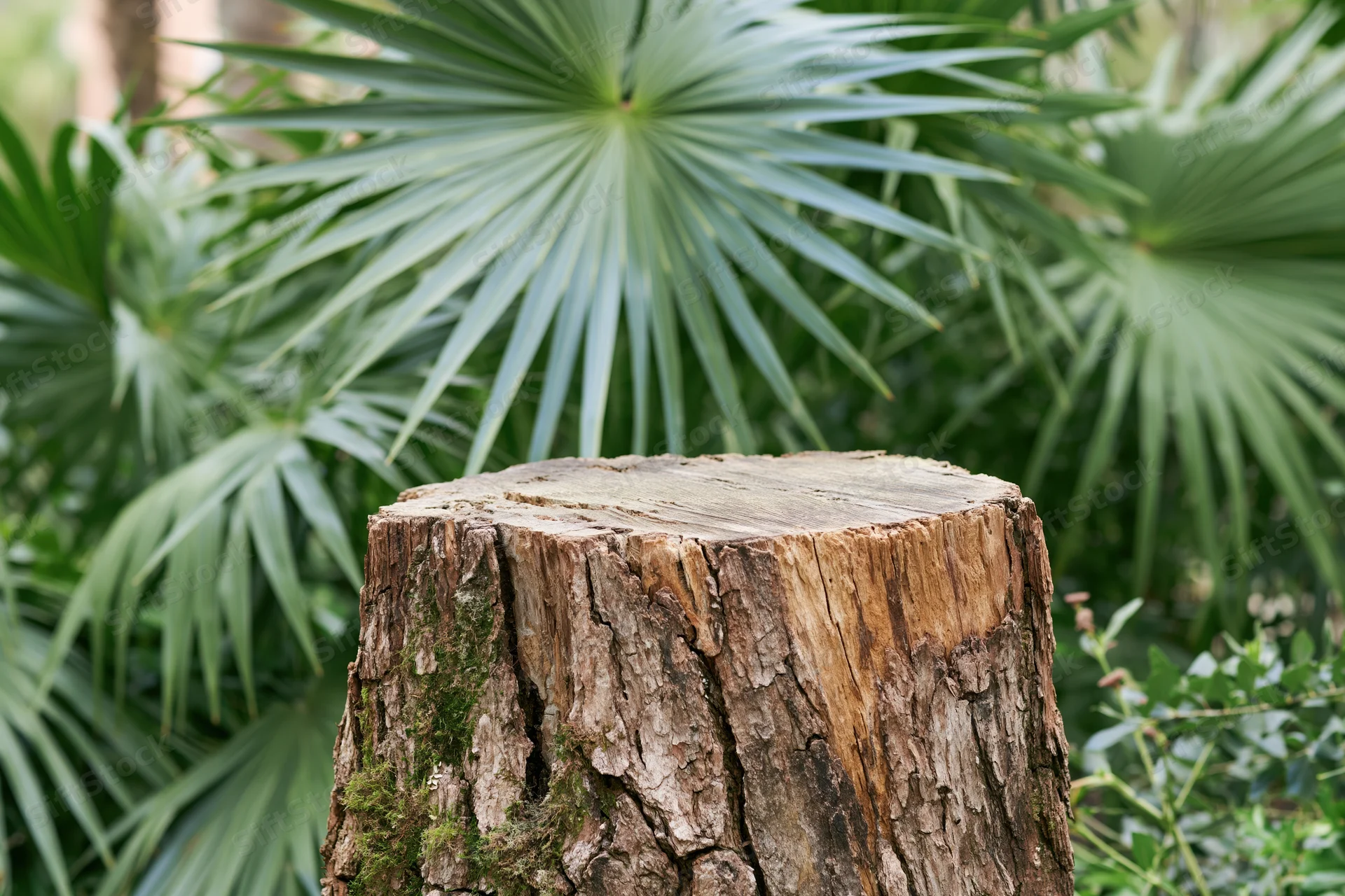Rough-cut tree stump with flat weathered top surface in a garden surrounded by palm fronds
