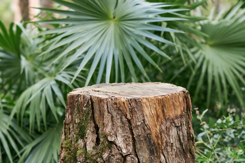 Rough-cut tree stump with flat weathered top surface in a garden surrounded by palm fronds
