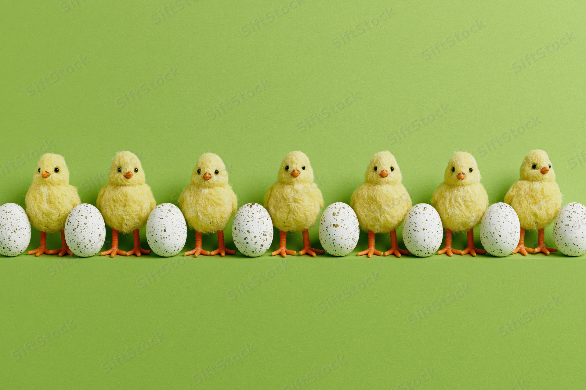 Row of fluffy yellow toy chicks with orange legs and speckled eggs on green background