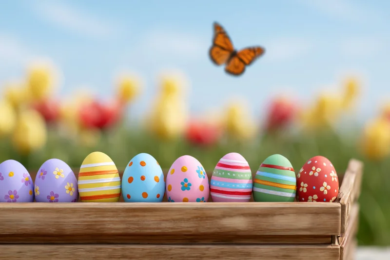 Row of hand-painted easter eggs in pastel and bright colors arranged in a wooden crate with blurred garden and flying butterfly in background