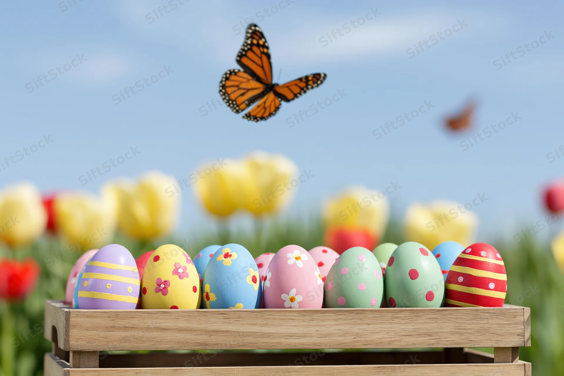 Hand-painted easter eggs arranged in a wooden crate outdoors with tulips and a flying monarch butterfly in the background