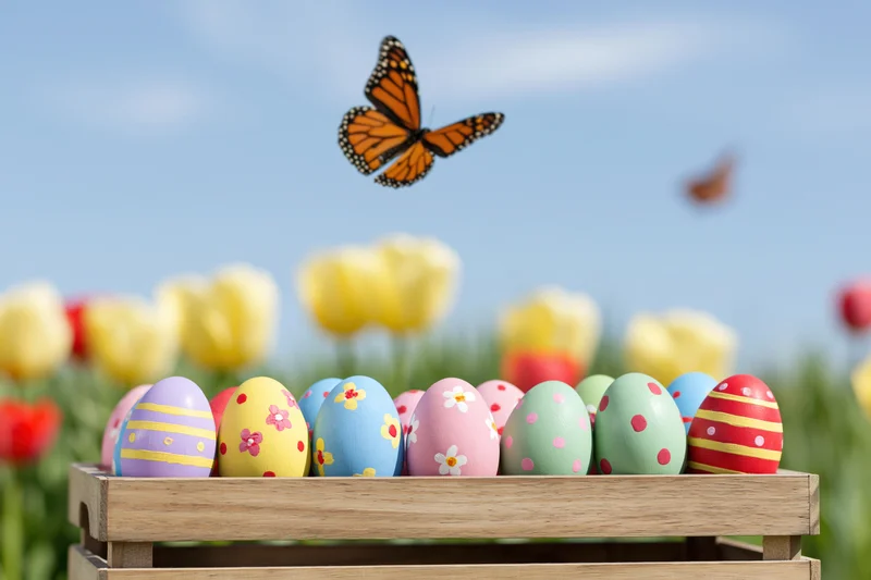 Hand-painted easter eggs arranged in a wooden crate outdoors with tulips and a flying monarch butterfly in the background
