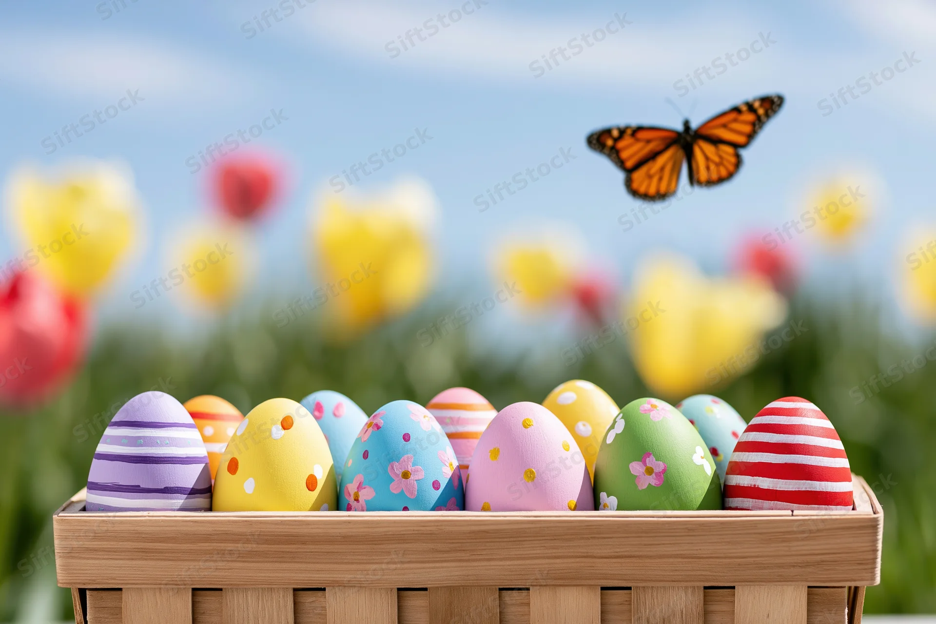 Hand-painted easter eggs in a wooden basket arranged in a row with a monarch butterfly flying above and blurred tulips in the background