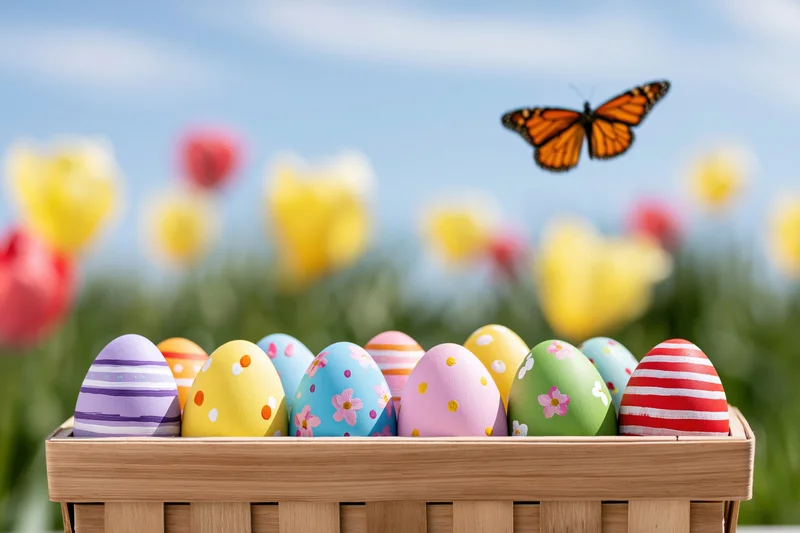 Hand-painted easter eggs in a wooden basket arranged in a row with a monarch butterfly flying above and blurred tulips in the background
