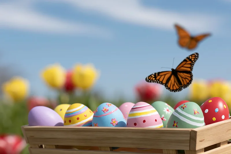 Hand-painted easter eggs in a wooden basket with butterflies and tulips in a spring garden