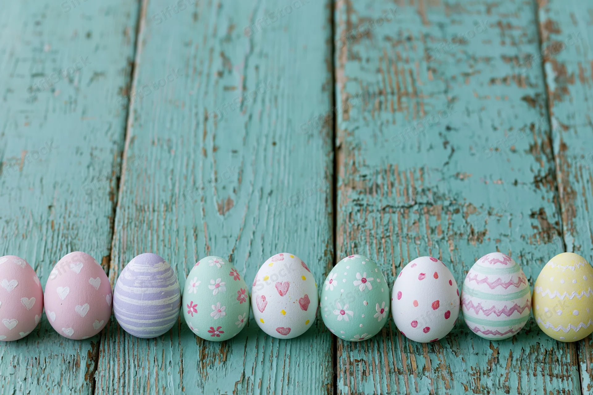 Hand-painted easter eggs arranged in a row on a weathered teal wooden surface