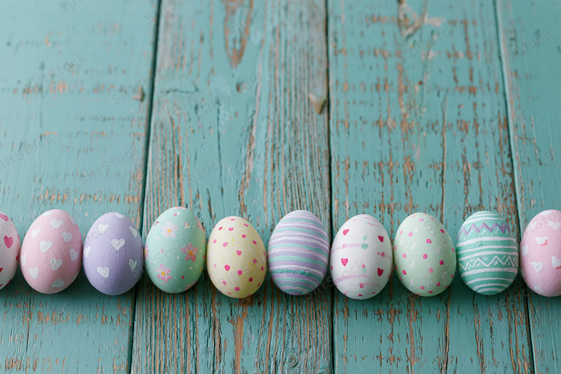 Hand-painted easter eggs arranged in a row on a weathered turquoise wooden surface