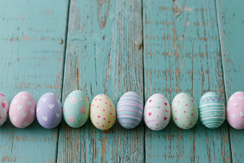 Hand-painted easter eggs arranged in a row on a weathered turquoise wooden surface