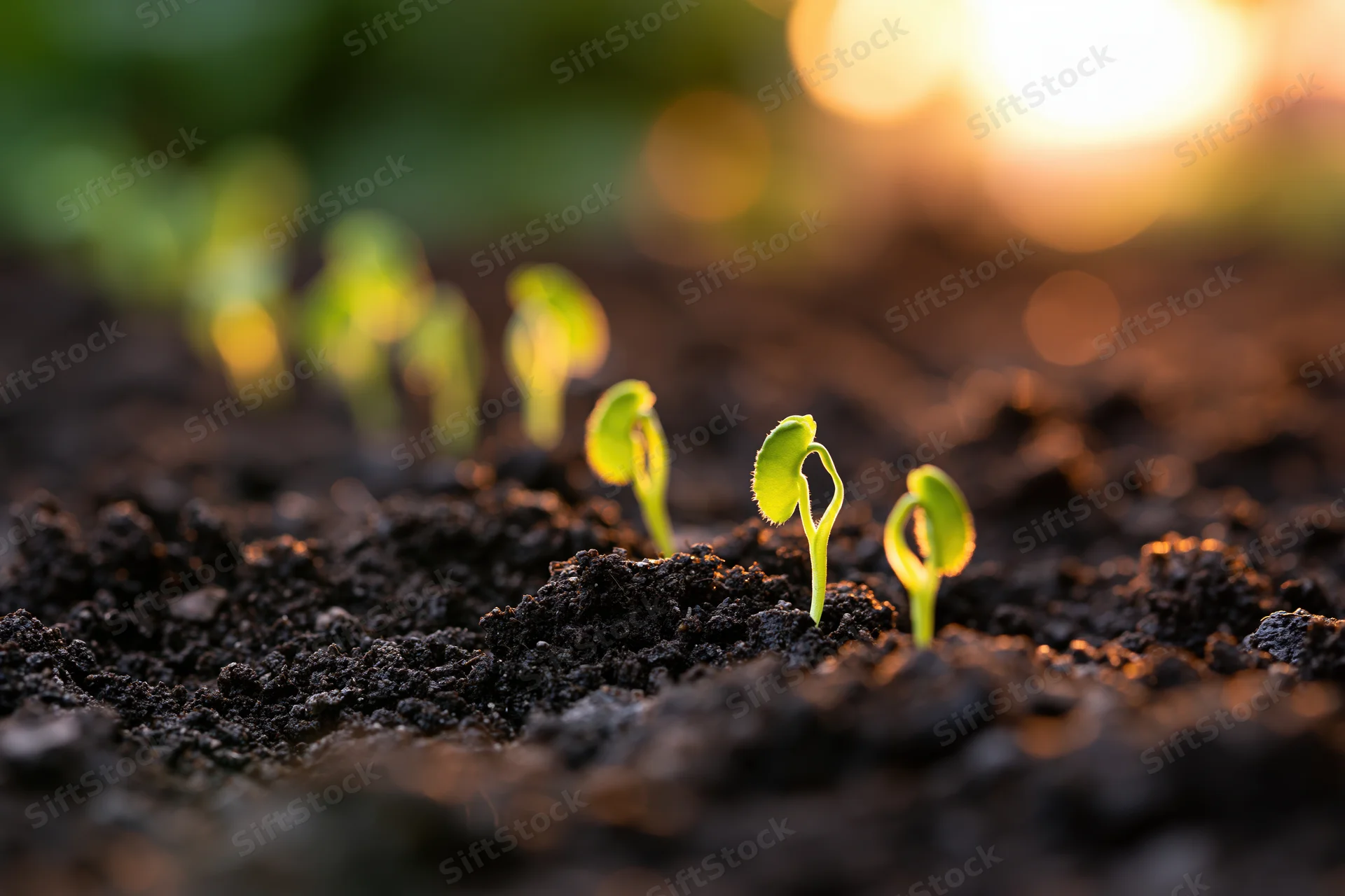 Small green seedlings sprouting in dark loose soil in a row under warm sunlight