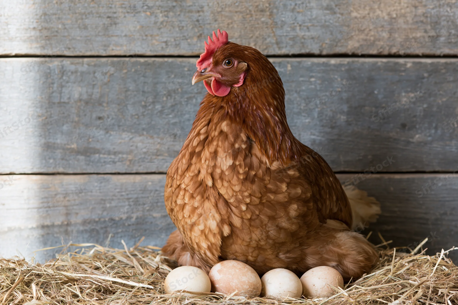 Rust-brown hen sitting upright on a straw nest with several eggs, in a wooden barn setting
