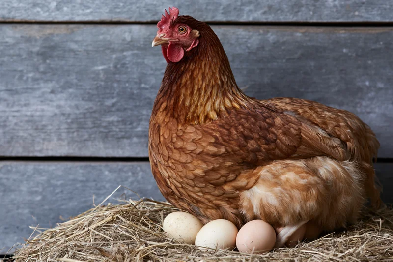 Rust-brown hen sitting on straw nest with eggs in front of wooden wall