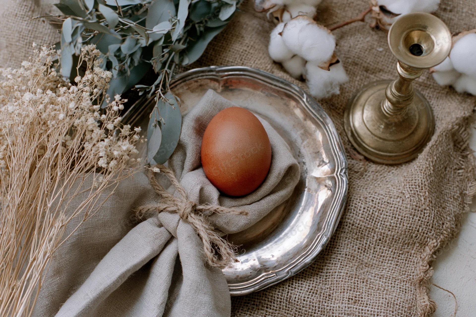 Terracotta-dyed egg on a silver plate with dried flowers and cotton on burlap fabric