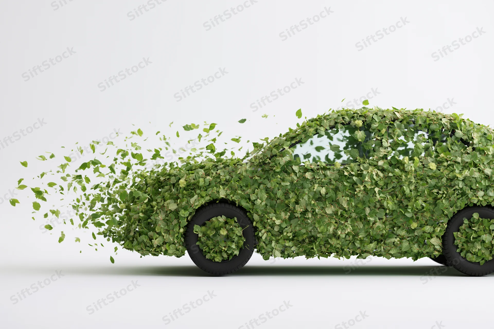 Sedan car covered in green leaves with foliage dispersing from rear in motion against white background