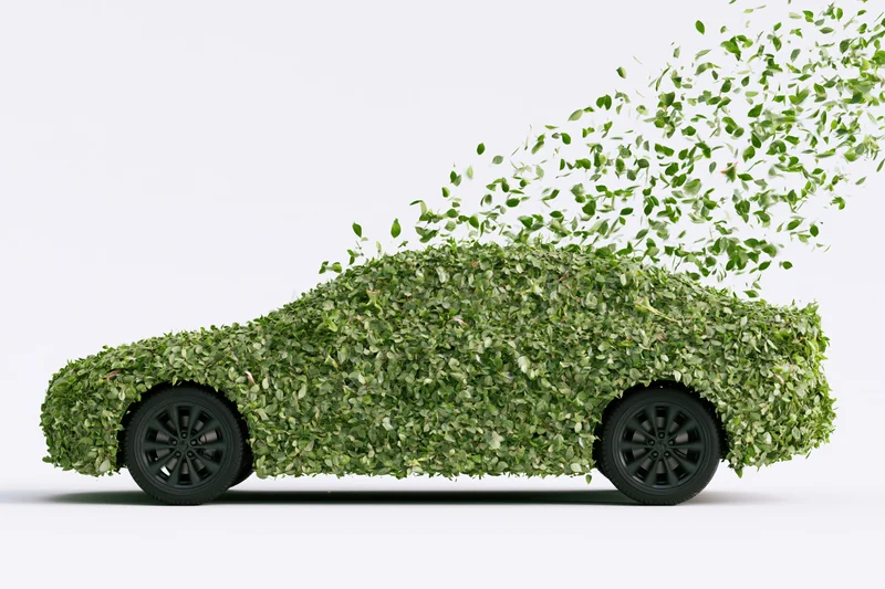 Sedan covered in green leaves with foliage flowing from rear, isolated on white background