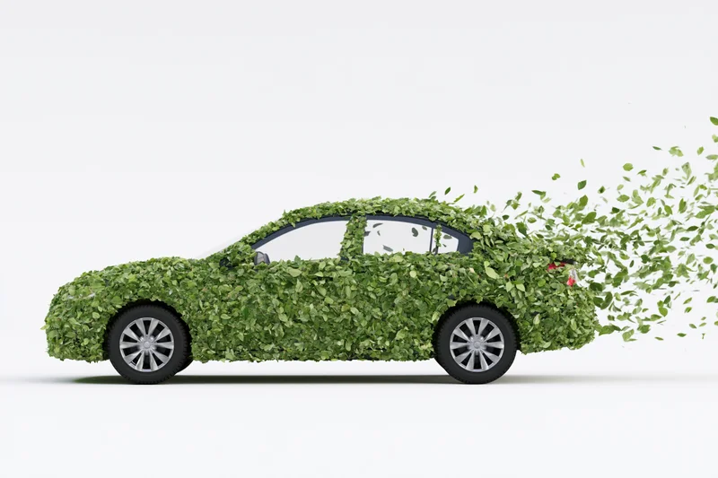 Sedan covered in green leaves with foliage streaming from rear on white background